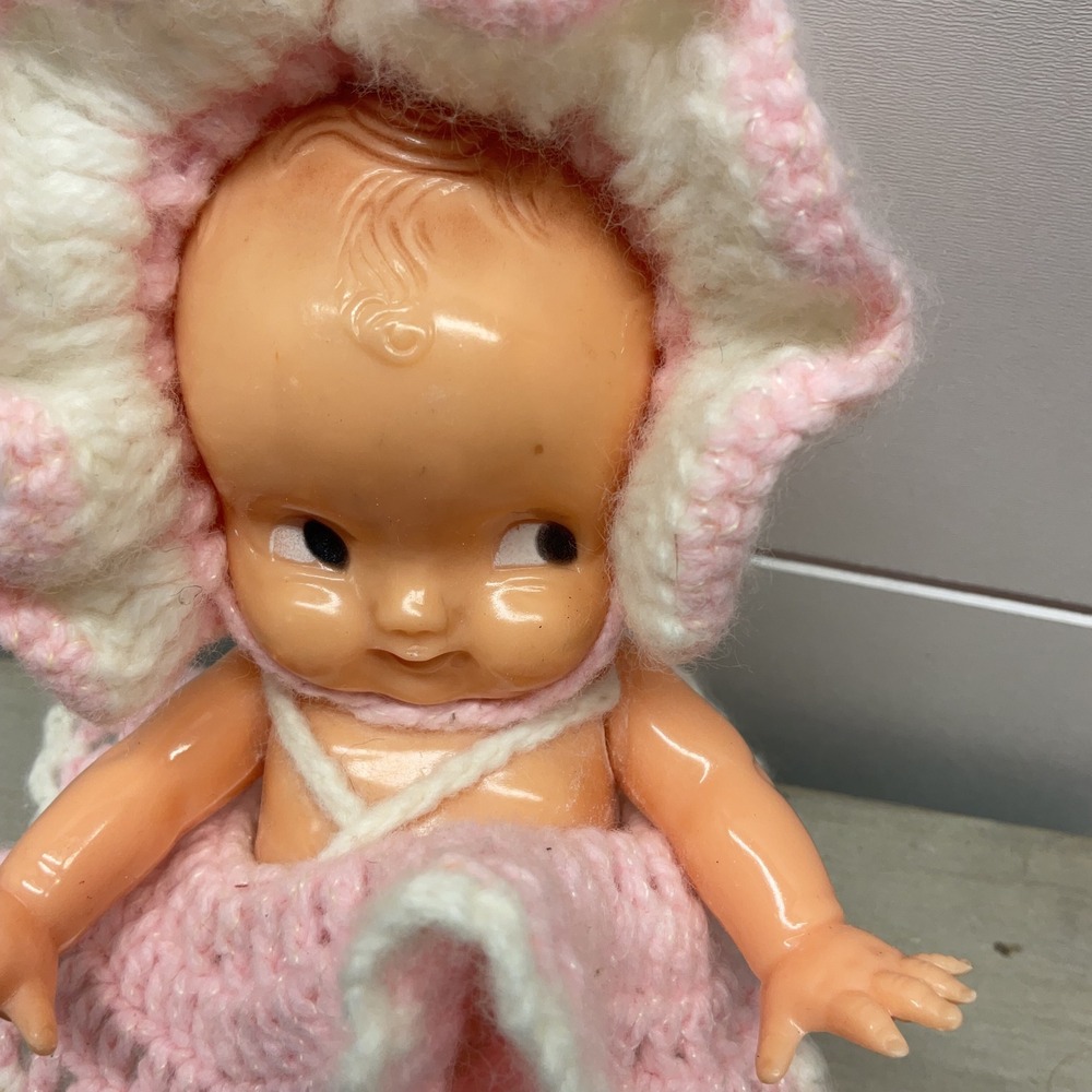 Vintage Irwin USA 6 Inch Hard Plastic Baby Doll Pink Crochet Outfit Side Glance